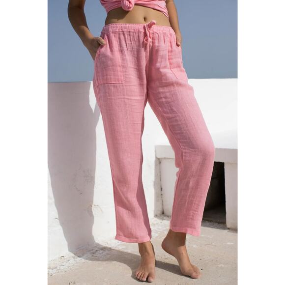 Olivaceous High Rise Cotton Gauzy Pull On Beach Straight Leg Pants Pink Medium - Picture 1 of 7
